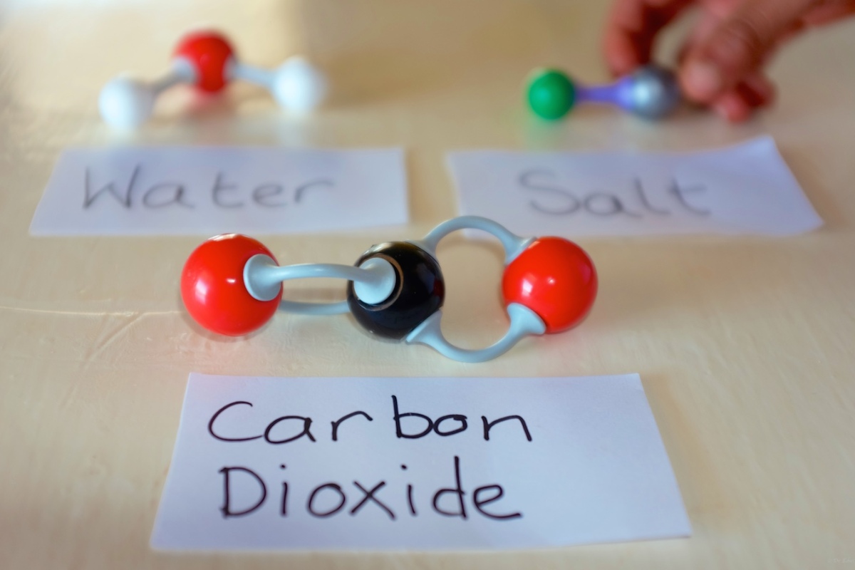 Molecules of carbon dioxide, water and salt