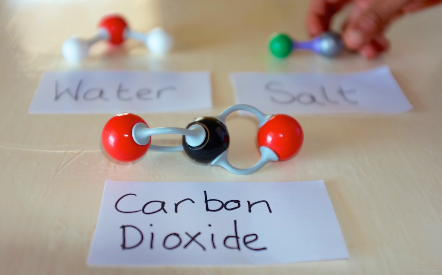 Molecules of carbon dioxide, water and salt