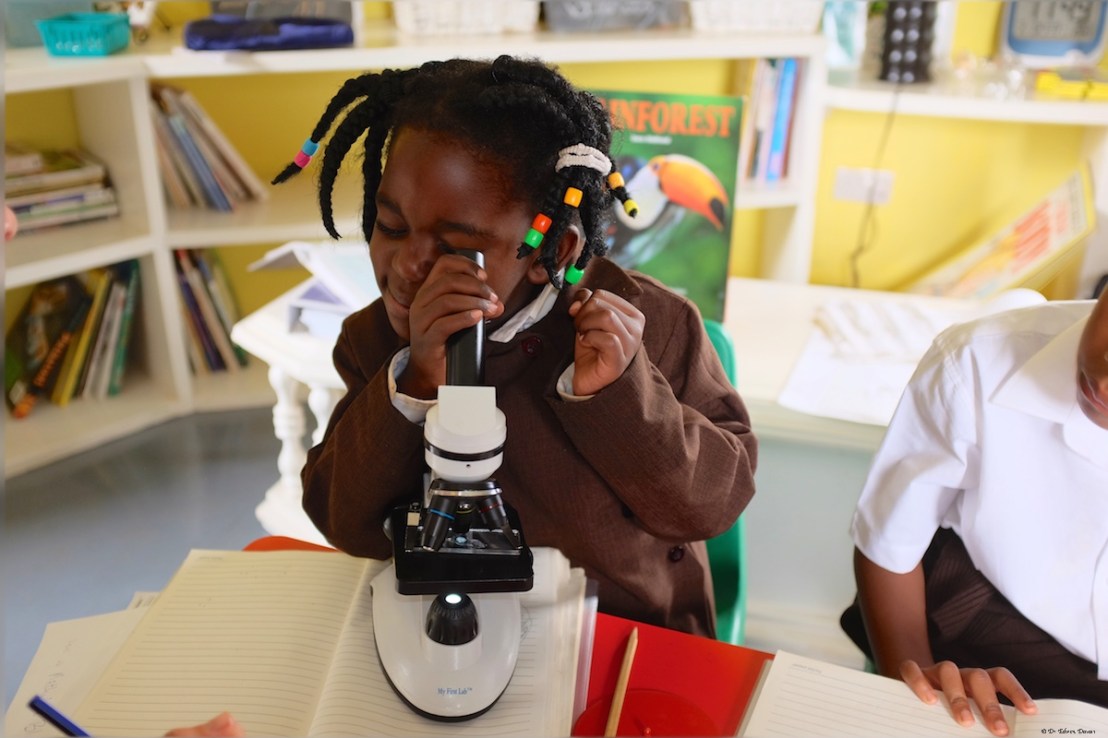 A five year old takes her turn to look through the microscope 
