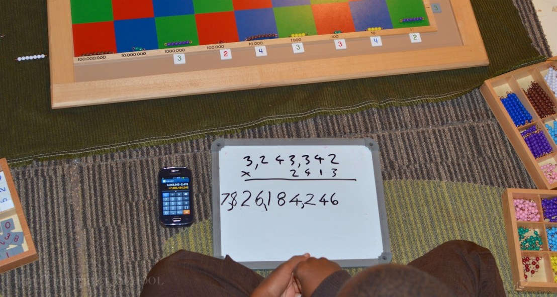 4 digit multiplication using the Montessori checker board