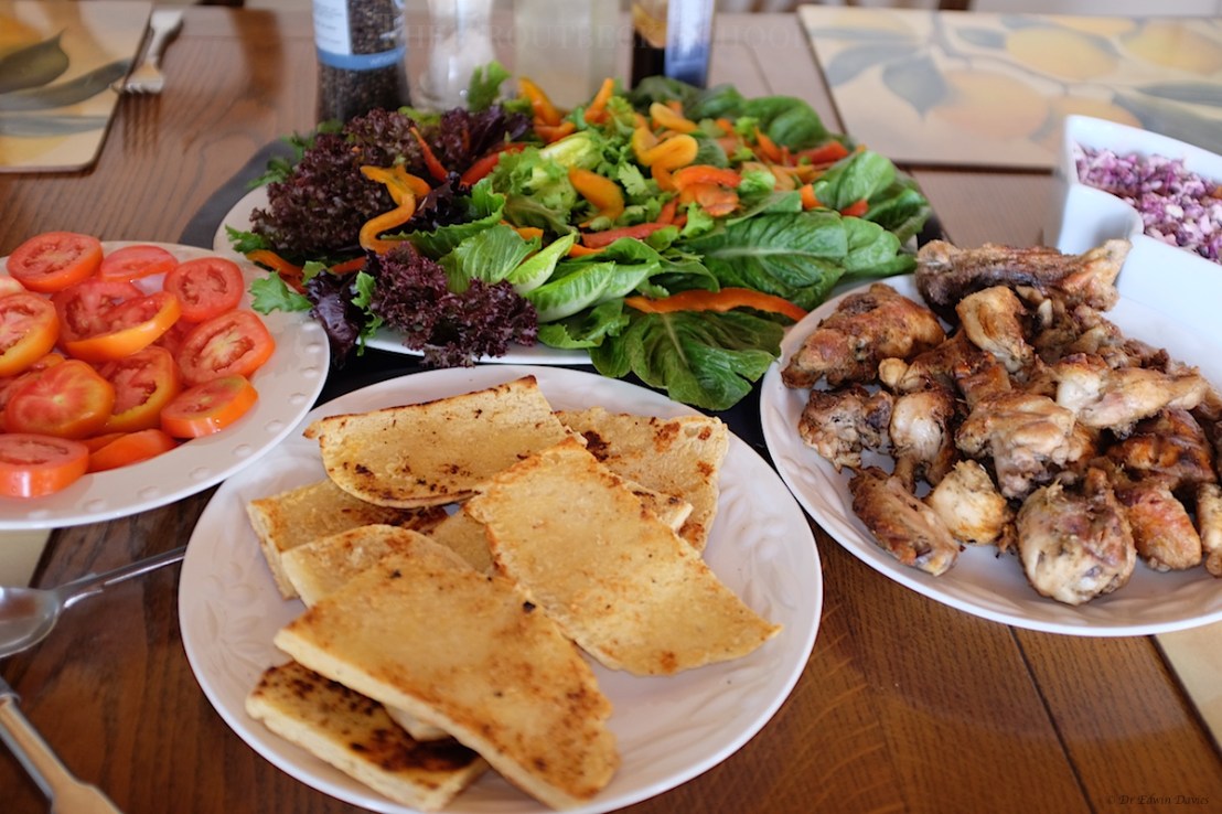 Chicken, home made bread and vegetables
